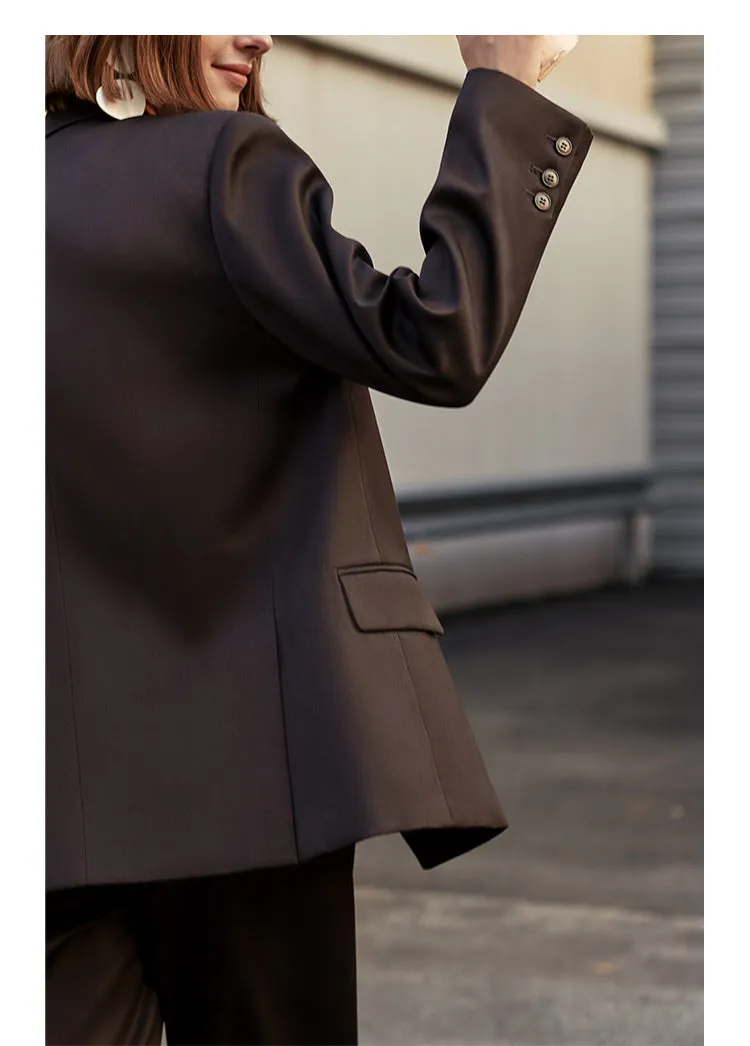AEL Vintage Autumn Winter Women Pant Suit Dark Brown Loose Blazer Jacket & Wide Leg Pants   Office Suits Female Sets