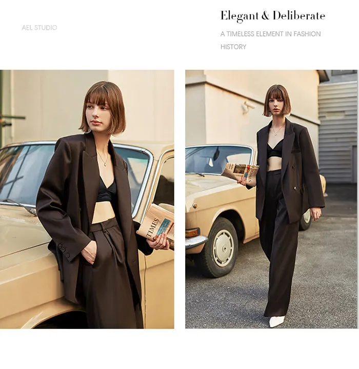 AEL Vintage Autumn Winter Women Pant Suit Dark Brown Loose Blazer Jacket & Wide Leg Pants   Office Suits Female Sets