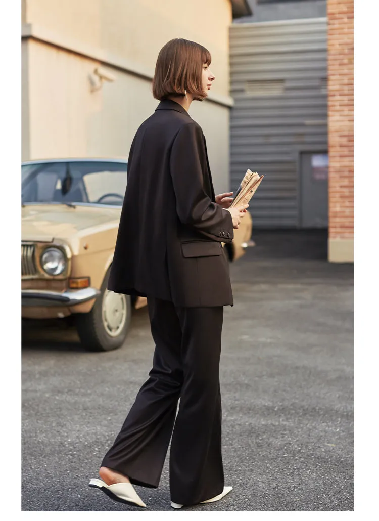 AEL Vintage Autumn Winter Women Pant Suit Dark Brown Loose Blazer Jacket & Wide Leg Pants   Office Suits Female Sets
