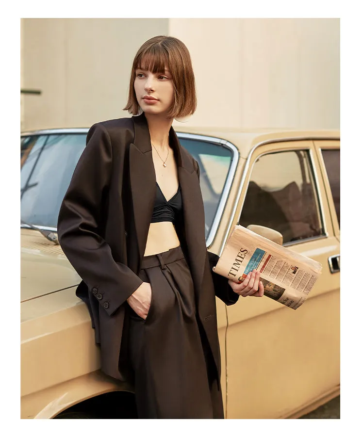 AEL Vintage Autumn Winter Women Pant Suit Dark Brown Loose Blazer Jacket & Wide Leg Pants   Office Suits Female Sets