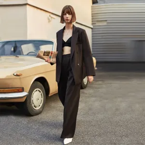 AEL Vintage Autumn Winter Women Pant Suit Dark Brown Loose Blazer Jacket & Wide Leg Pants   Office Suits Female Sets