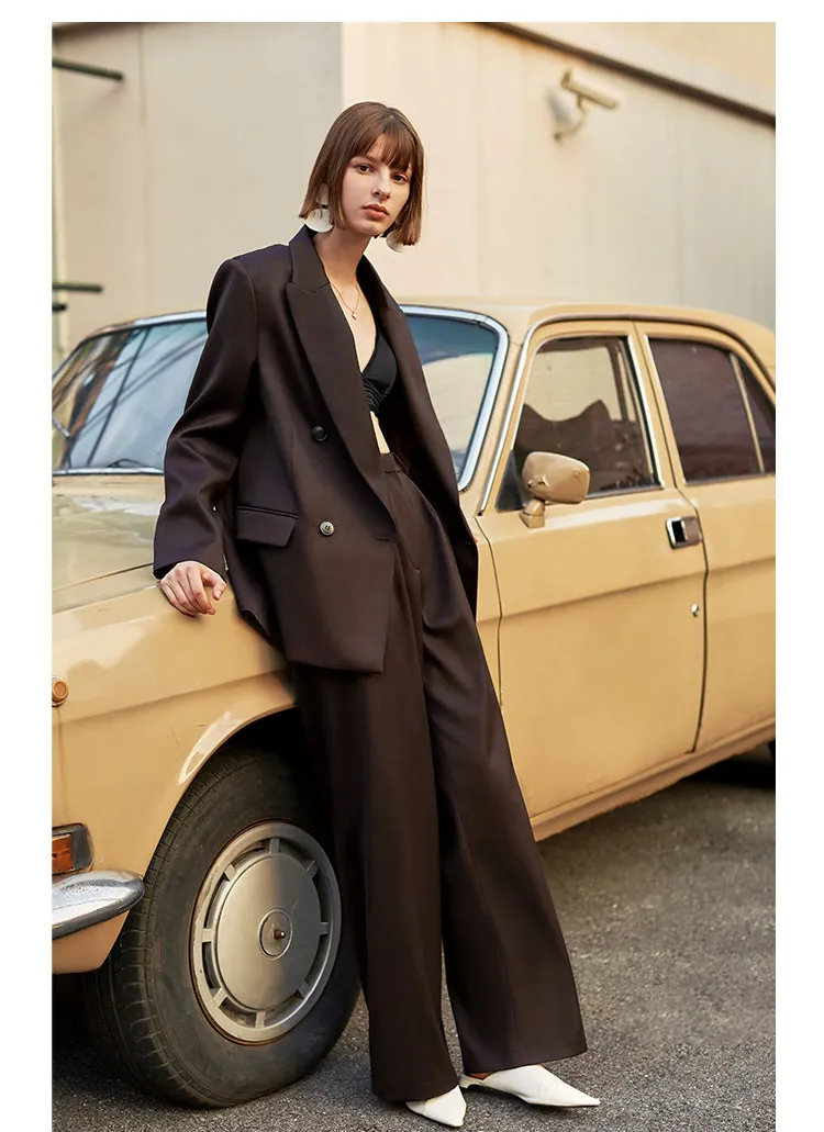 AEL Vintage Autumn Winter Women Pant Suit Dark Brown Loose Blazer Jacket & Wide Leg Pants   Office Suits Female Sets