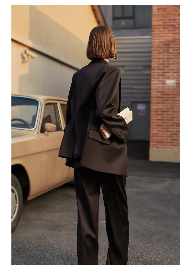 AEL Vintage Autumn Winter Women Pant Suit Dark Brown Loose Blazer Jacket & Wide Leg Pants   Office Suits Female Sets