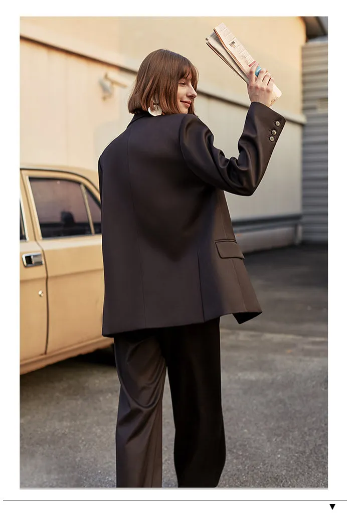 AEL Vintage Autumn Winter Women Pant Suit Dark Brown Loose Blazer Jacket & Wide Leg Pants   Office Suits Female Sets