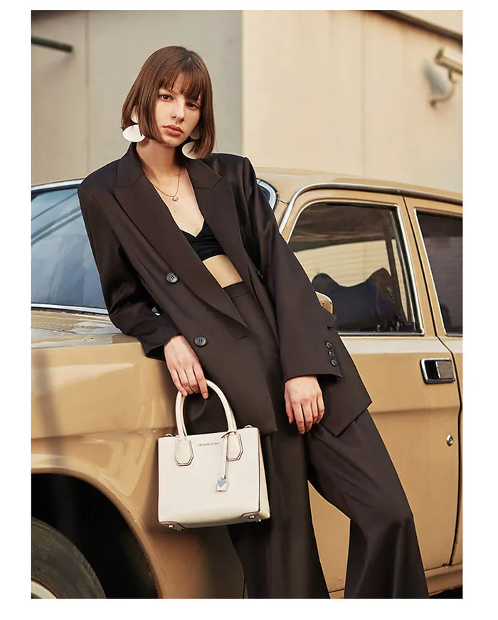 AEL Vintage Autumn Winter Women Pant Suit Dark Brown Loose Blazer Jacket & Wide Leg Pants   Office Suits Female Sets
