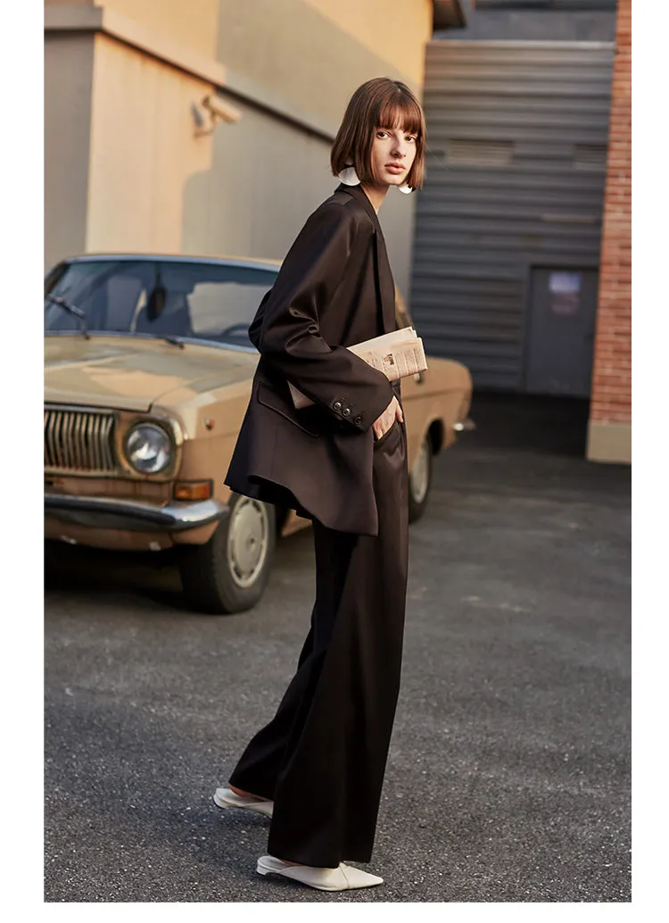 AEL Vintage Autumn Winter Women Pant Suit Dark Brown Loose Blazer Jacket & Wide Leg Pants   Office Suits Female Sets