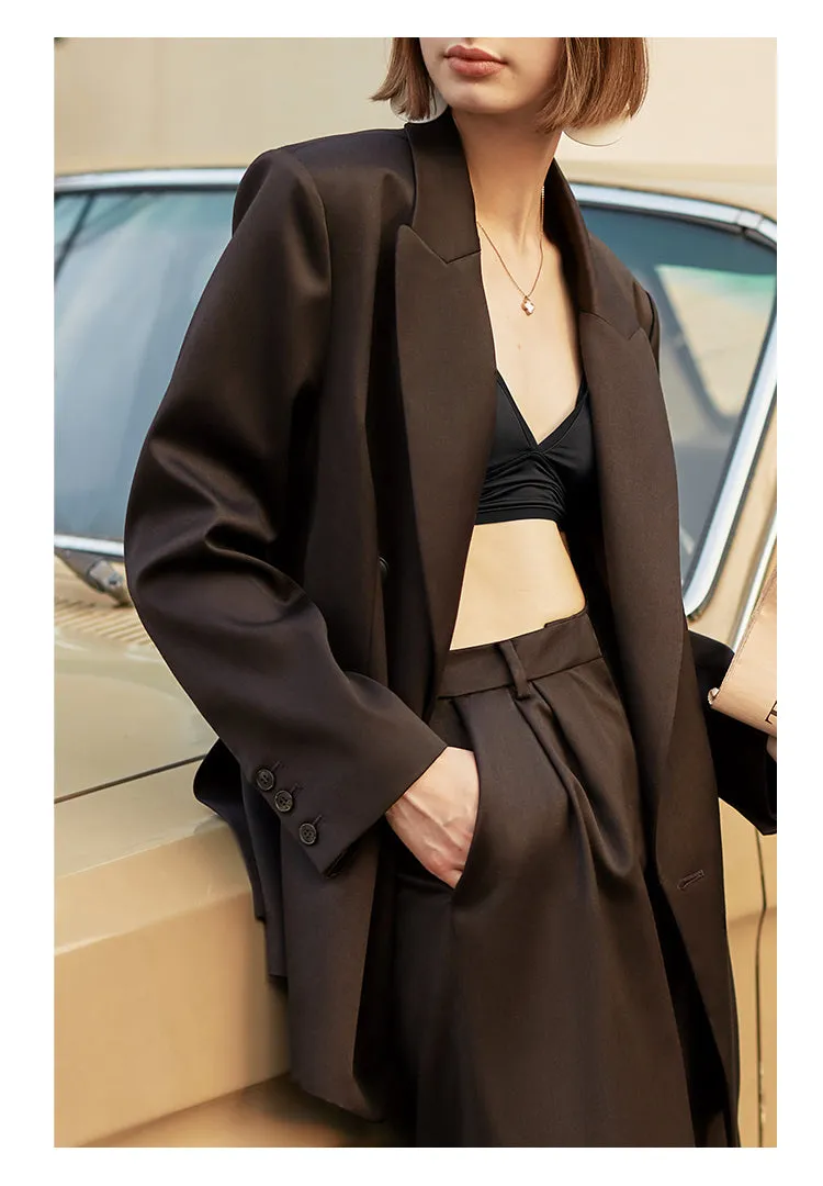 AEL Vintage Autumn Winter Women Pant Suit Dark Brown Loose Blazer Jacket & Wide Leg Pants   Office Suits Female Sets