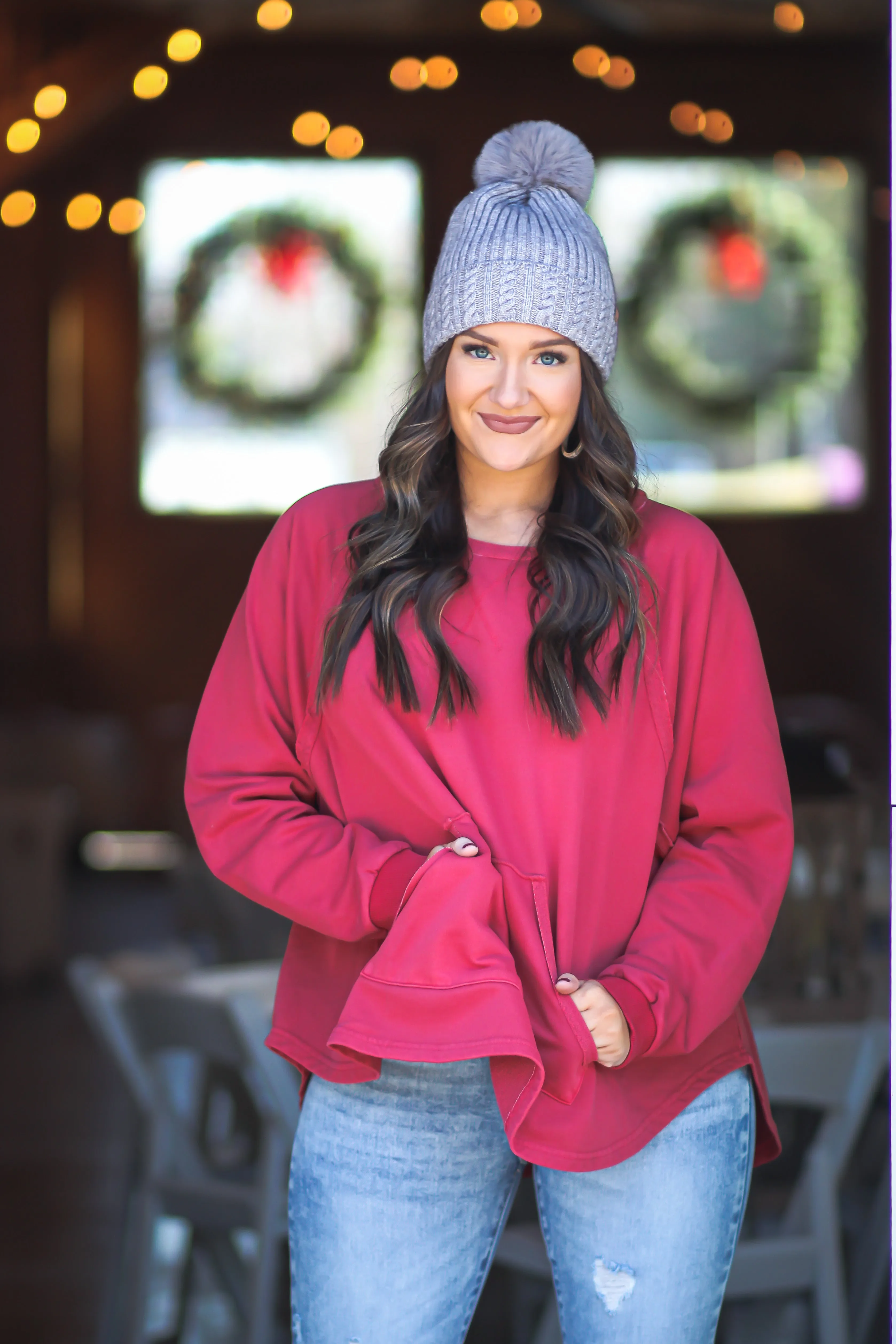 Berry Hooded Dolman Sleeve Pullover