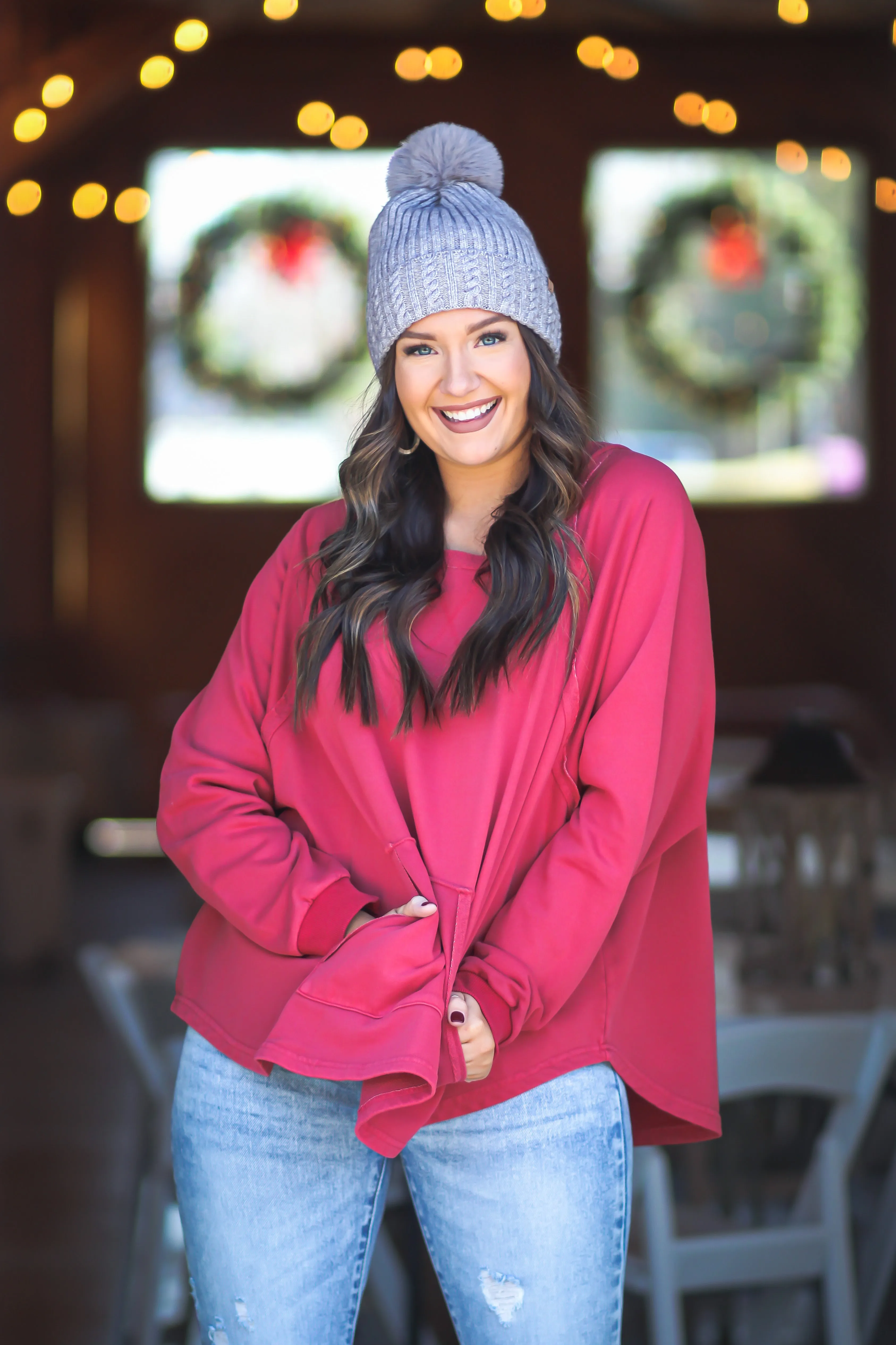 Berry Hooded Dolman Sleeve Pullover