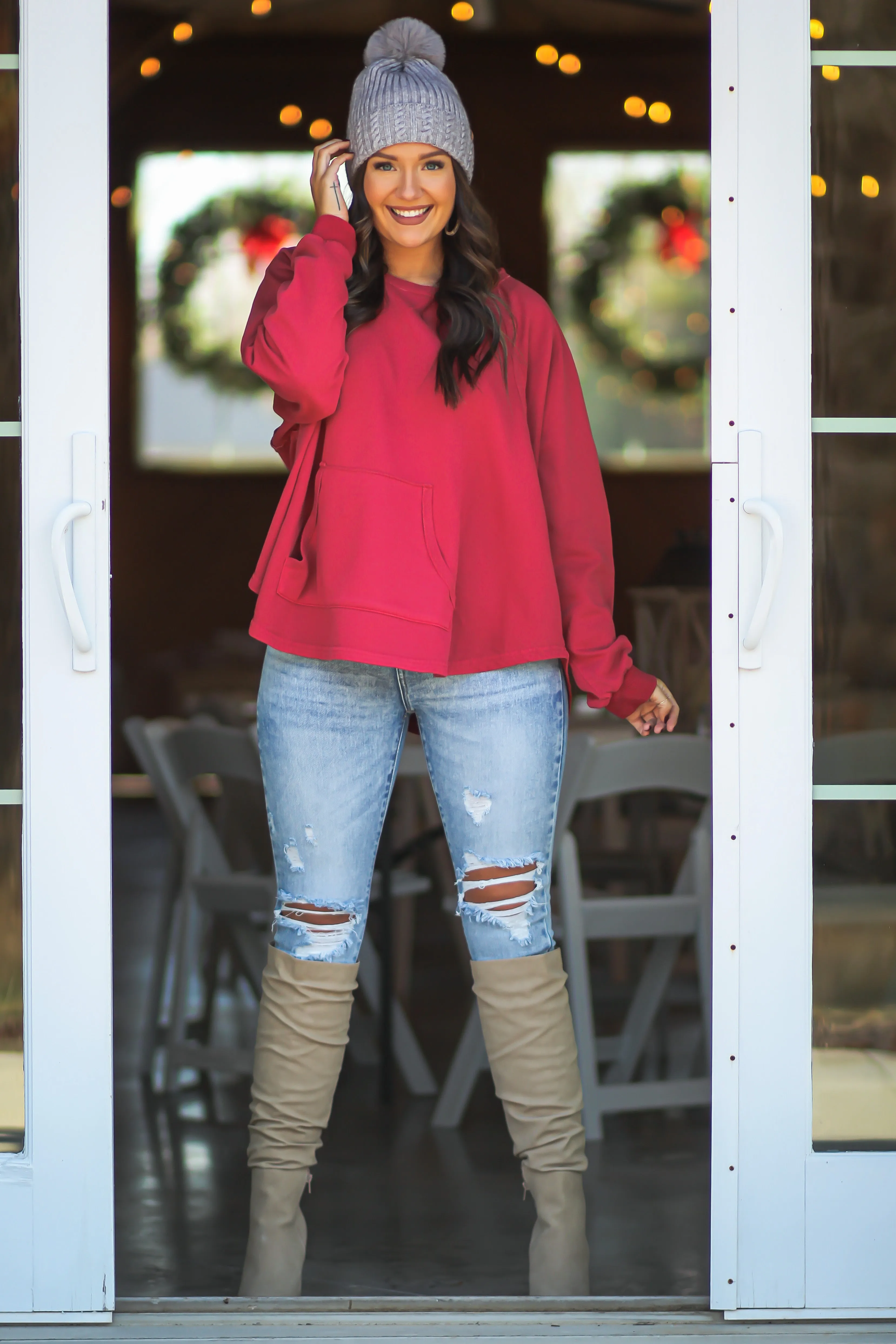 Berry Hooded Dolman Sleeve Pullover