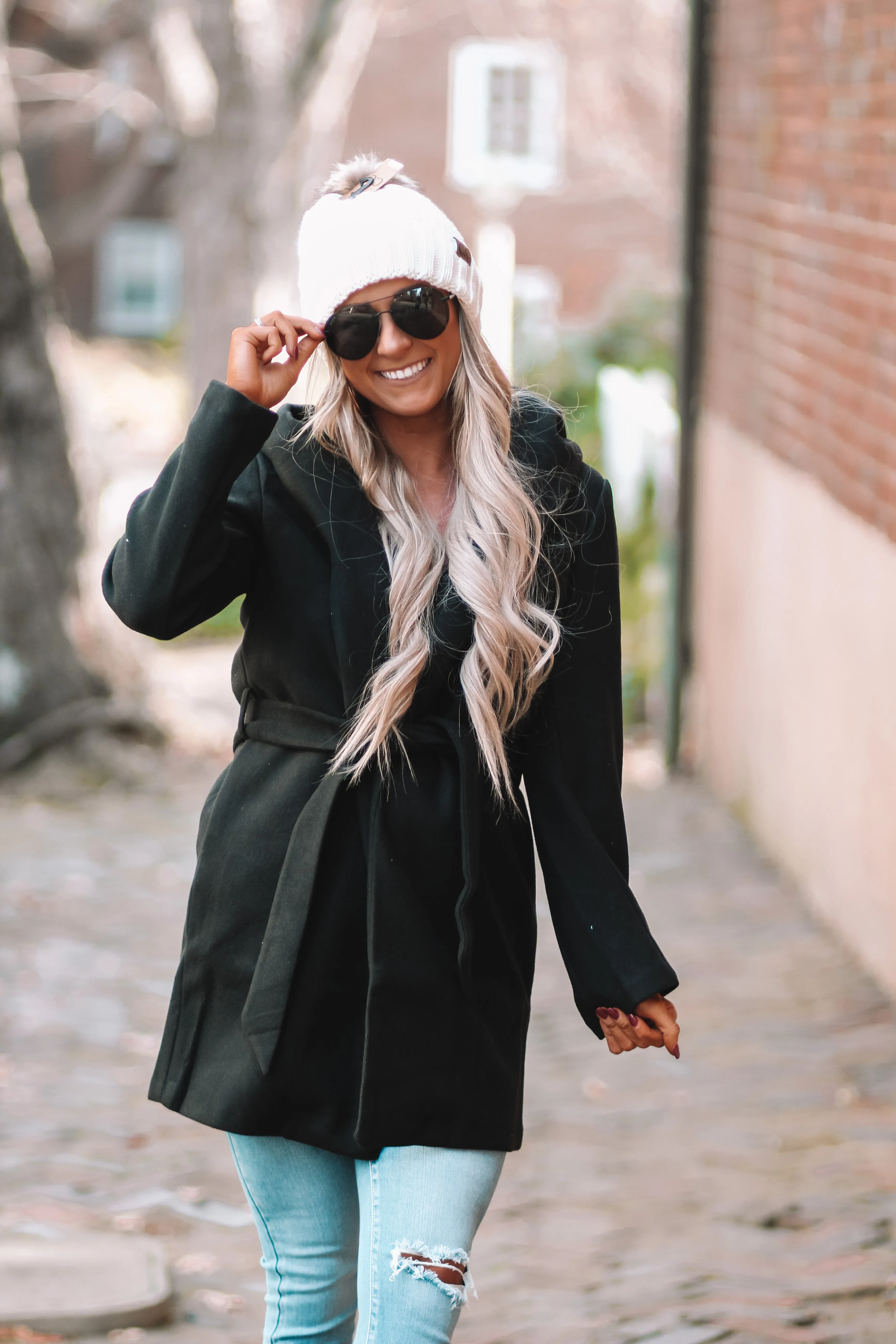 Black Belted Fleece Hooded Jacket