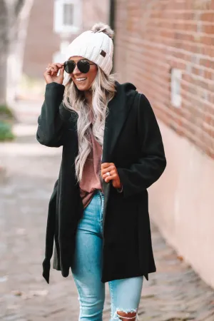 Black Belted Fleece Hooded Jacket