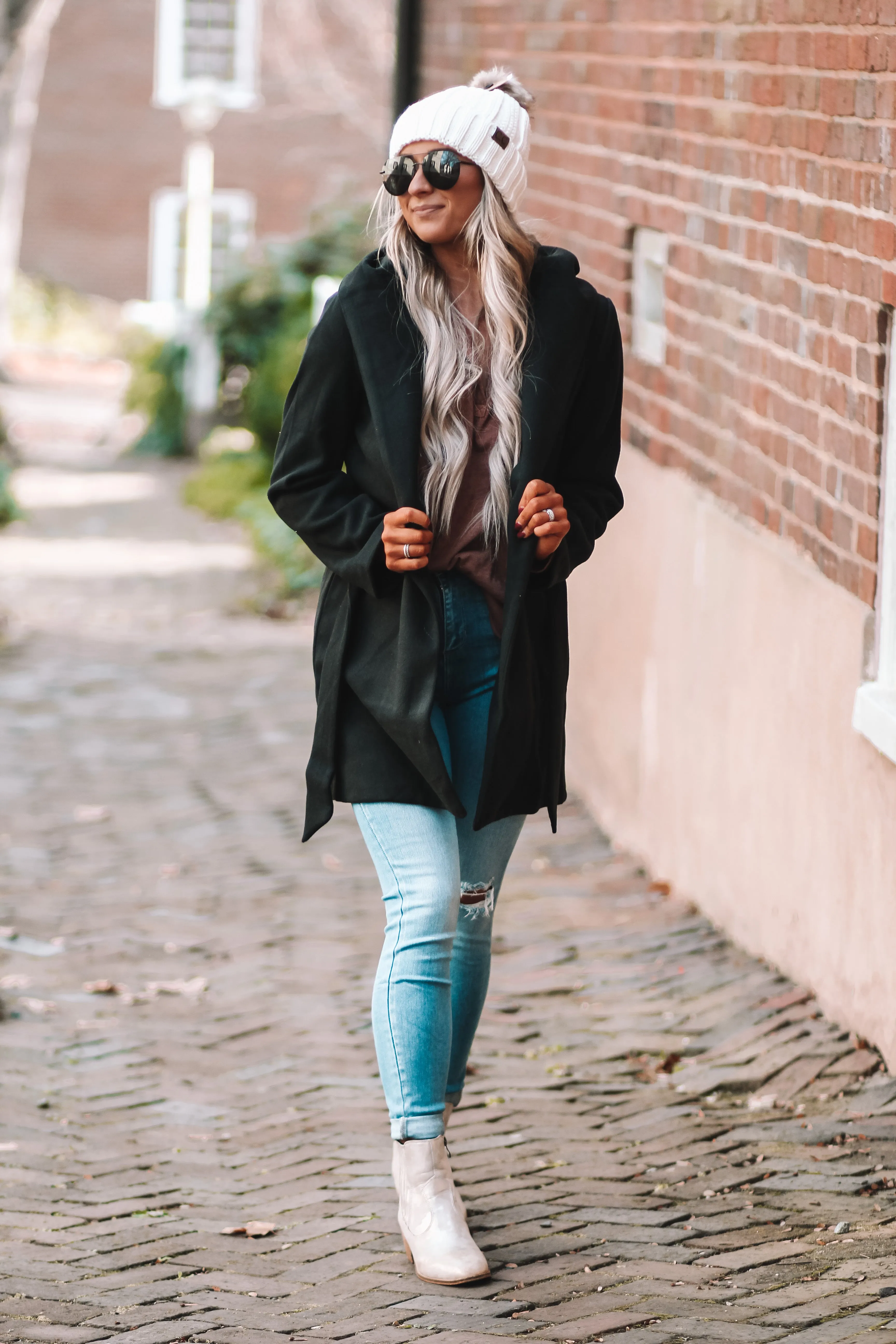 Black Belted Fleece Hooded Jacket