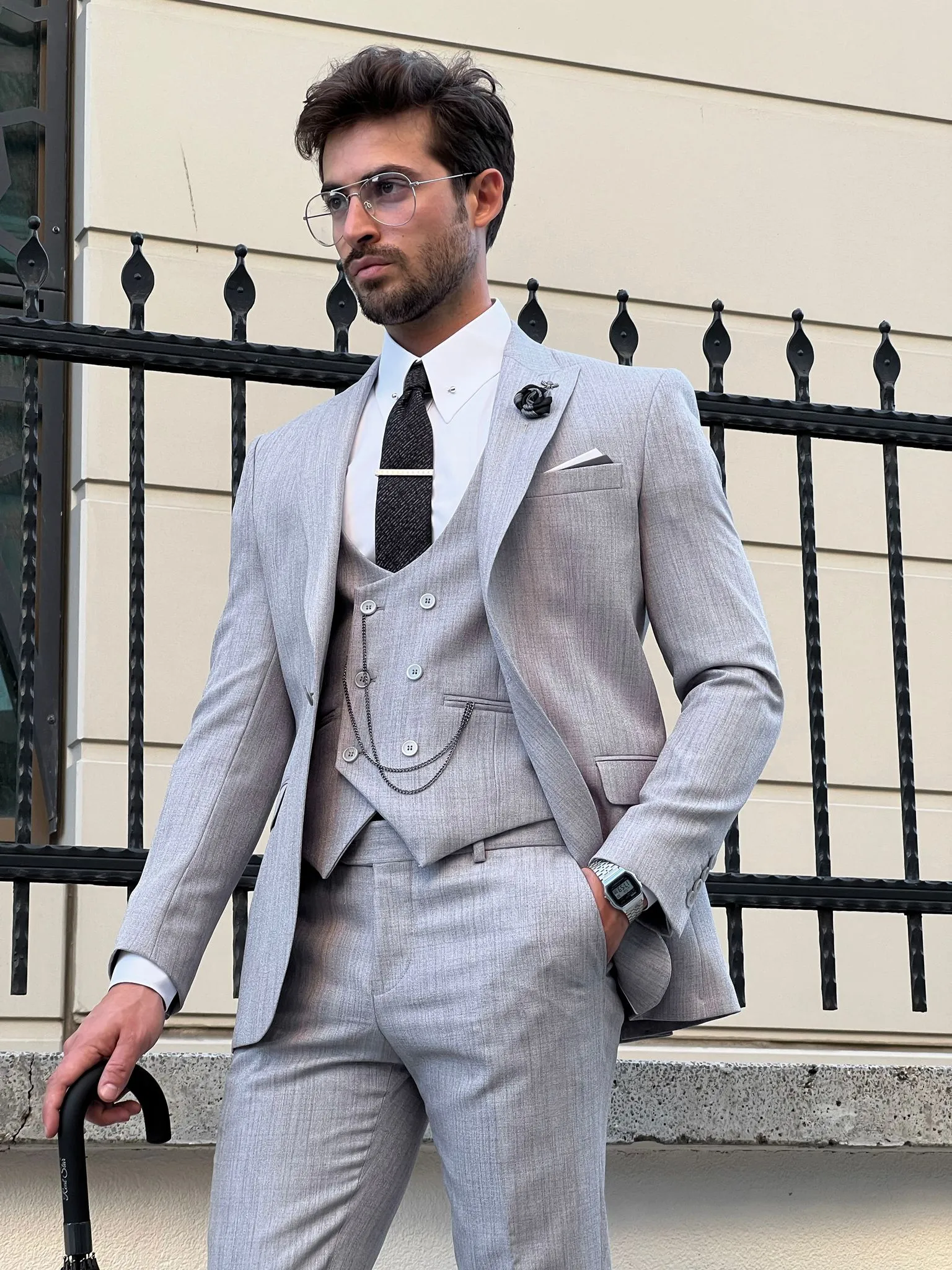 Bojoni Astoria Slim Fit Self-Patterned Pointed Gray Suit