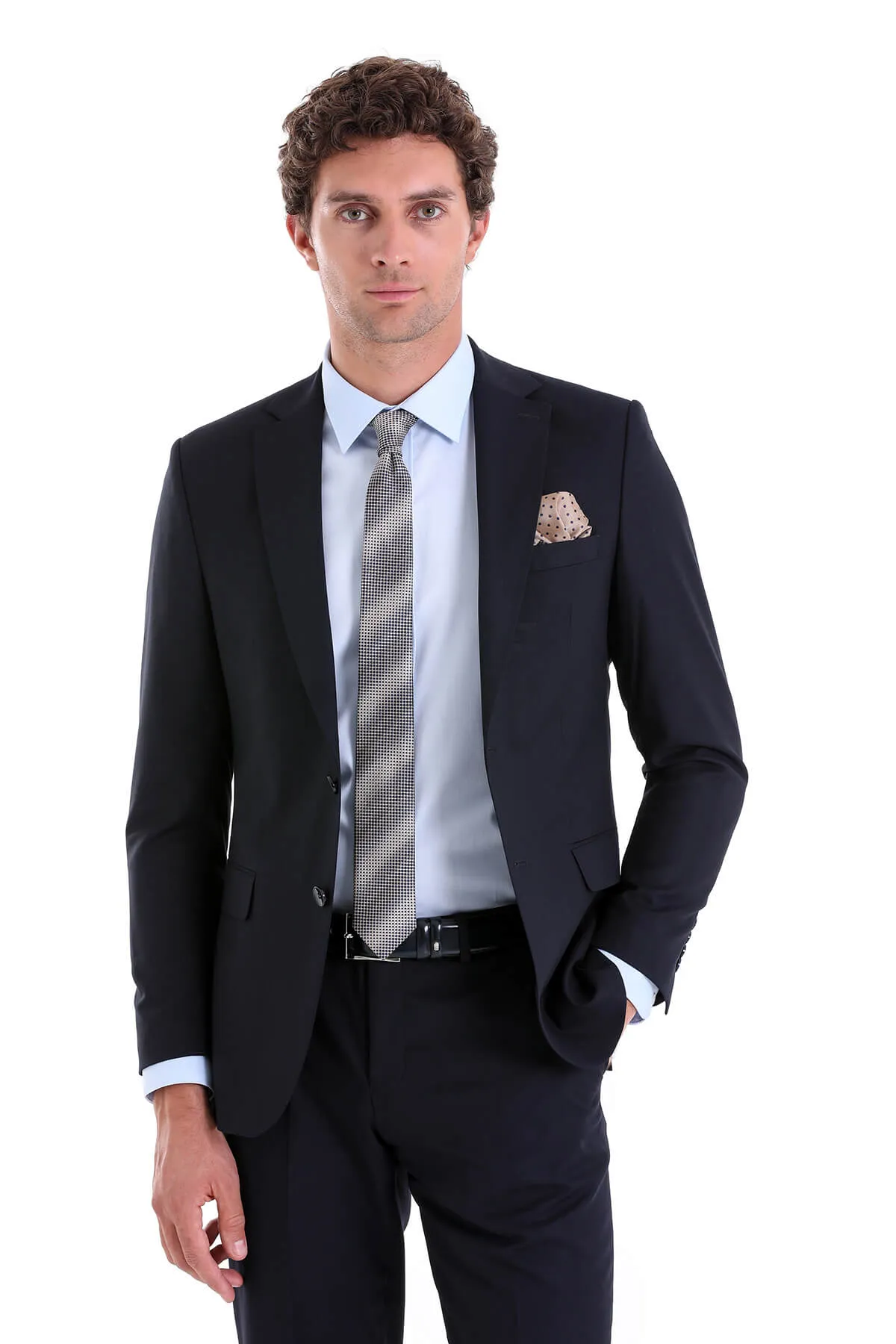 Comfort Fit Notch Lapel Plain Classic Suit, Navy