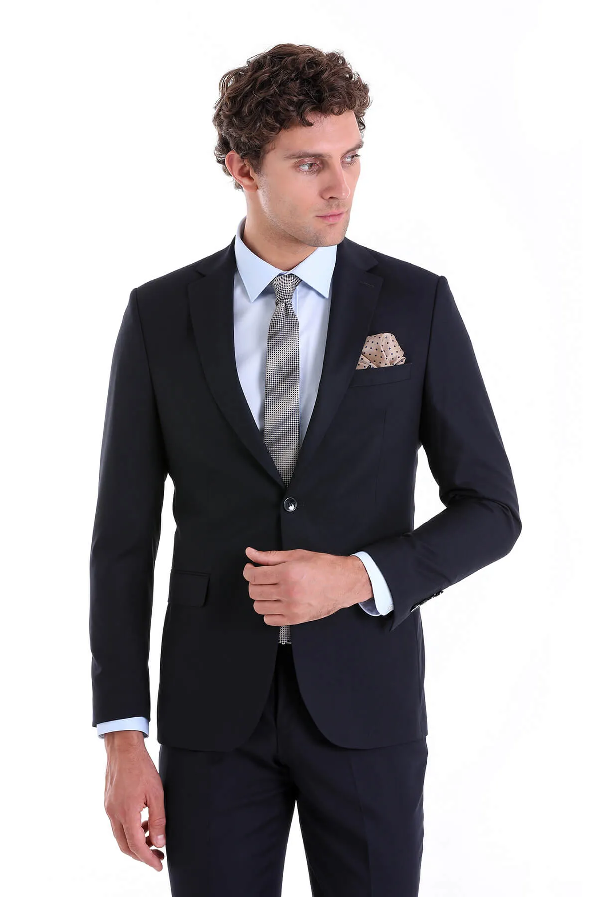 Comfort Fit Notch Lapel Plain Classic Suit, Navy