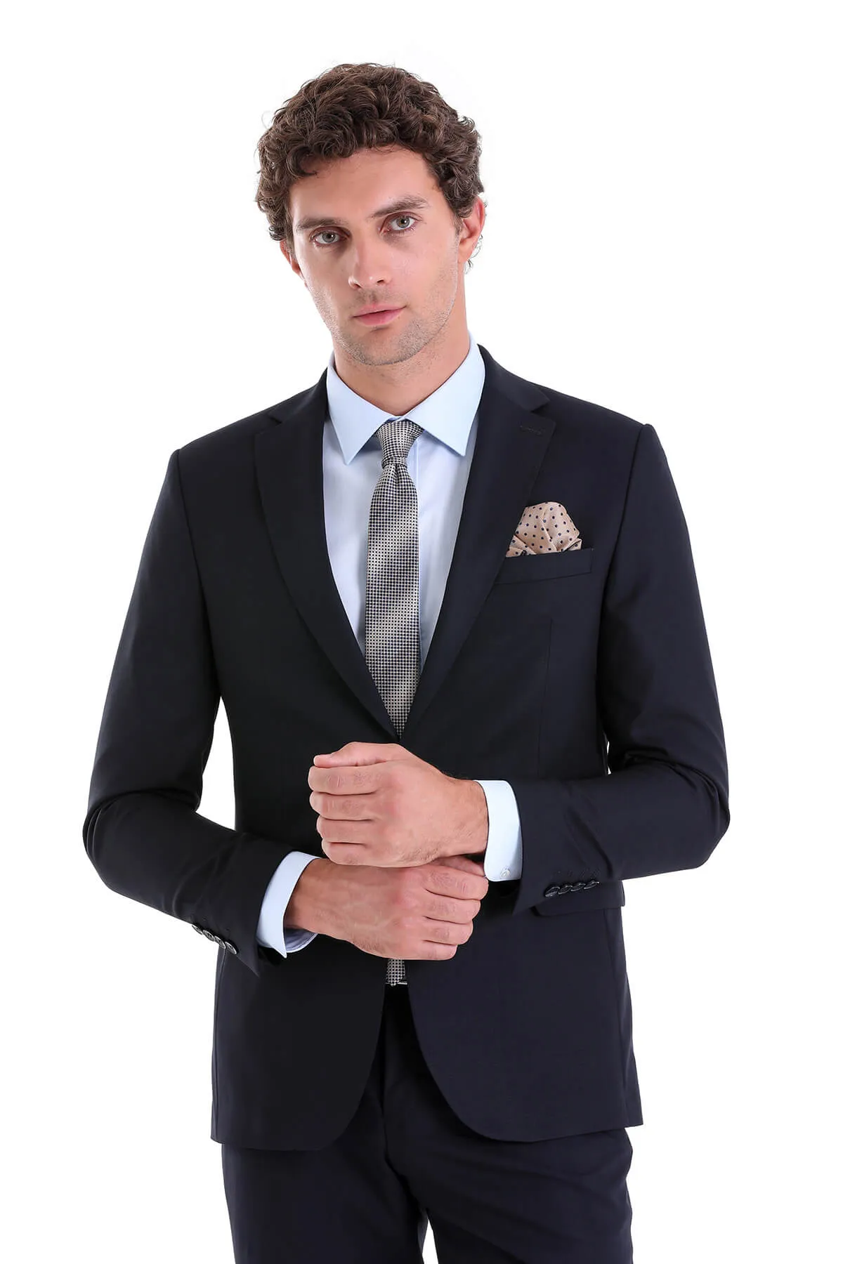 Comfort Fit Notch Lapel Plain Classic Suit, Navy