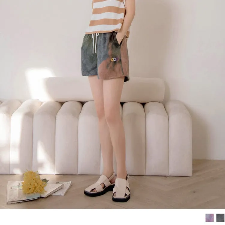 DRAWSTRING WAIST EMBROIDERED TIE DYE SHORTS PANTS