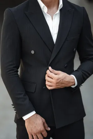 Slim Fit Double Breasted Black Suit